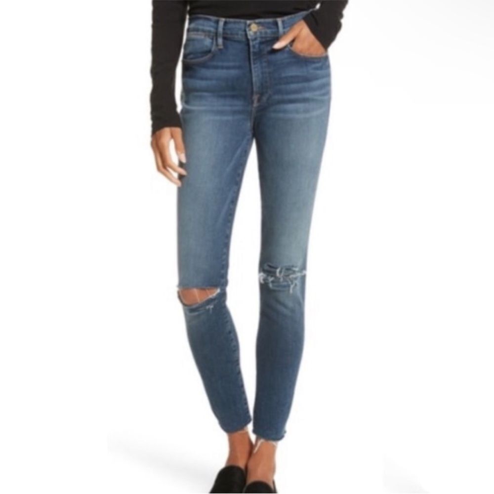 Frame Le High Skinny Denim Blue Distressed Jeans Medium Wash Boho Women's Sz 25